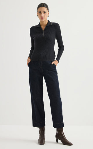 Graphite grey ribbed wool polo sweater with long sleeves and button placket