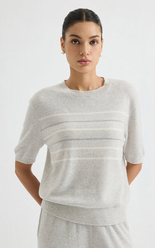Light grey cashmere striped short-sleeve sweater with crew neck