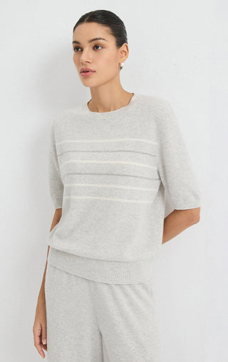 Light grey cashmere short-sleeve sweater with horizontal stripes and crew neck