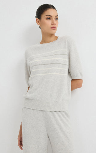 Light grey cashmere striped sweater with relaxed crew neck and short sleeves