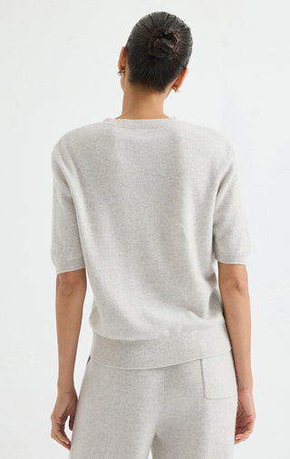 Light grey cashmere short-sleeve sweater back view with horizontal stripe band