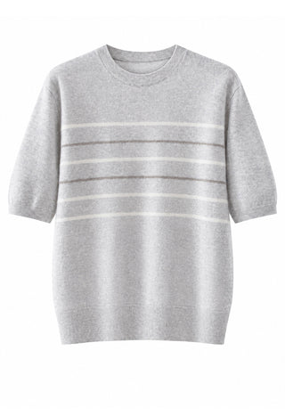 Light grey cashmere short-sleeve sweater with horizontal striped bands