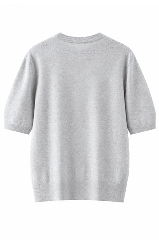 Light grey cashmere short-sleeve sweater, back view with ribbed neckline