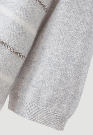 Light grey cashmere short-sleeve sweater, ribbed hem cuff detail