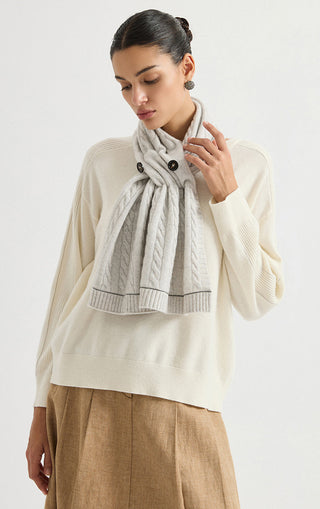 Light gray cashmere button scarf with cable-knit panels, button front, and ribbed trim