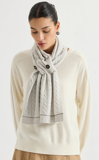 Light gray cashmere button scarf with twisted cable knit and ribbed band at hem