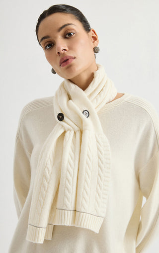 Ivory white cashmere cable-knit button scarf with braided cables and ribbed trim