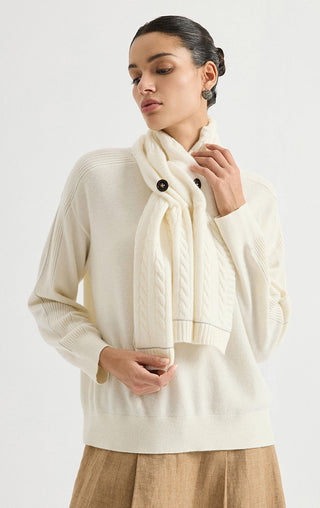 Ivory white cashmere cable-knit button scarf with braided pattern and ribbed hem band
