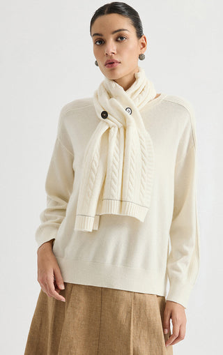 Ivory white cashmere button scarf with cable-knit weave and ribbed cuff details