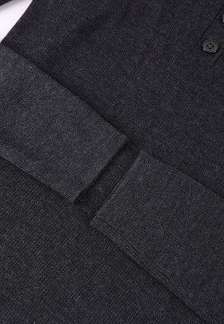 Black wool polo knit detail: ribbed cuffs and textured knit sleeve