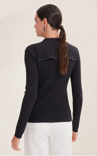 Black wool polo knit back view with vertical seam and ribbed hem