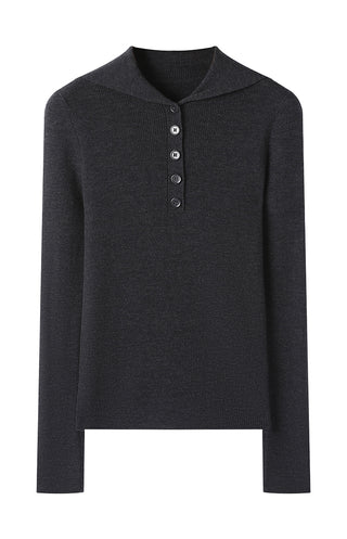 Black wool polo knit flat lay: ribbed collar, short button placket, long sleeves