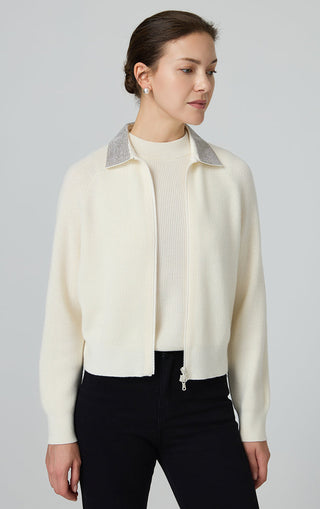 Wool Zip-Up Knit Jacket with Metallic Collar