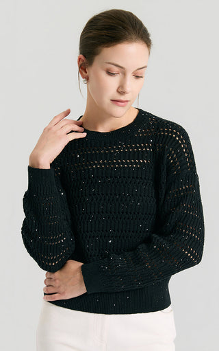 Linen Open-Knit Top with Cotton Sequin Yarn - serathinan 