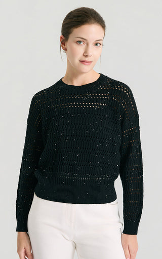 Linen Open-Knit Top with Cotton Sequin Yarn - serathinan 