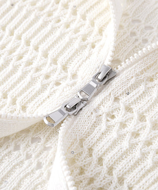 Ivory cardigan zipper detail with metal pull on open-knit sequin yarn