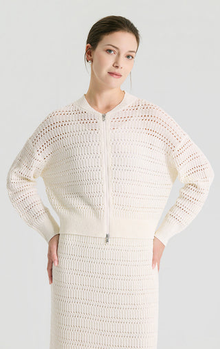 Ivory open-knit cardigan, quarter-zip front and ribbed hem, long sleeves