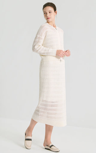 Ivory open-knit cardigan with quarter-zip, ribbed cuffs, and midi-length hem