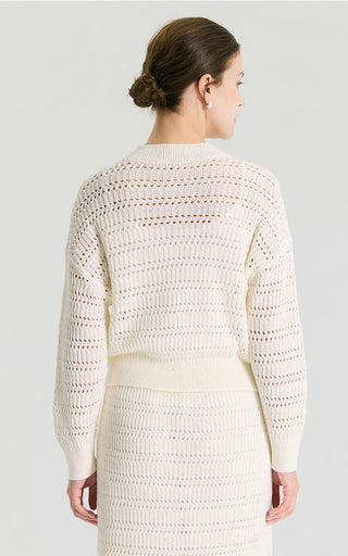 Ivory open-knit cardigan back view with ribbed waistband and long sleeves