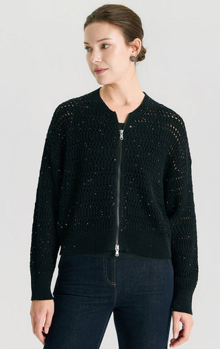 Black linen sequin open-knit cardigan with front zipper and V-neck collar