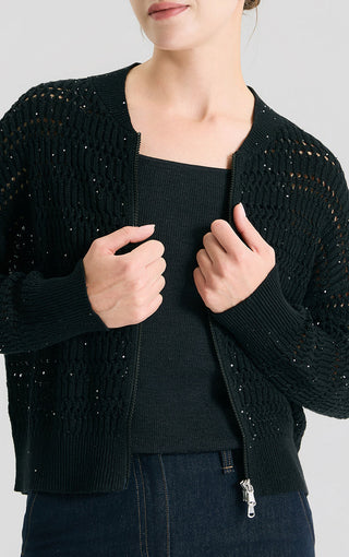 Black open-knit cardigan with gold sequin flecks and zipper front, close-up