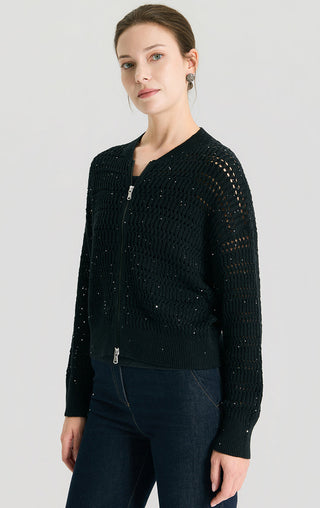 Black sequin-yarn open-knit cardigan with quarter-zip and ribbed cuffs