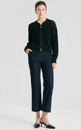 Black sequin open-knit cardigan with long sleeves and front zipper, relaxed fit