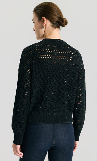 Back view: black linen sequin open-knit cardigan with zip front and textured yoke