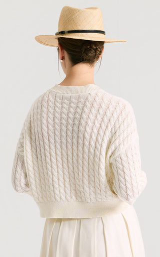 Ivory white cable-knit short cardigan, back view with ribbed hem and sleeves