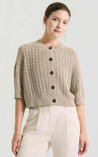 Dark camel cable-knit short cardigan with button front and ribbed cuffs