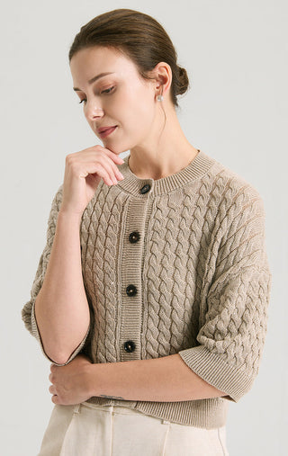 Dark camel cable-knit short cardigan close-up with dark buttons and crew neckline