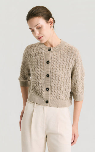 Dark camel short cardigan with textured cable knit and dark button placket