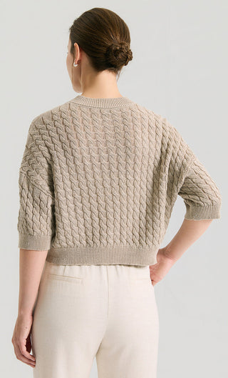 Dark camel cable-knit short cardigan back view with ribbed hem and sleeves