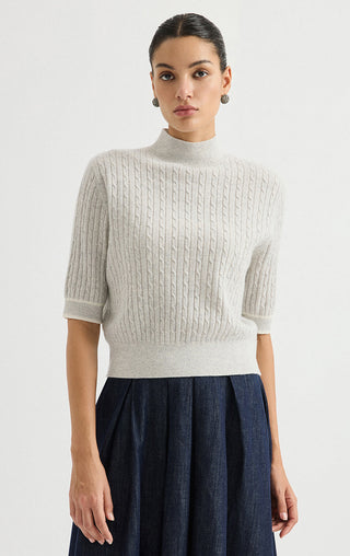 Cashmere Short-Sleeve Cable-Knit Mock-Neck Sweater