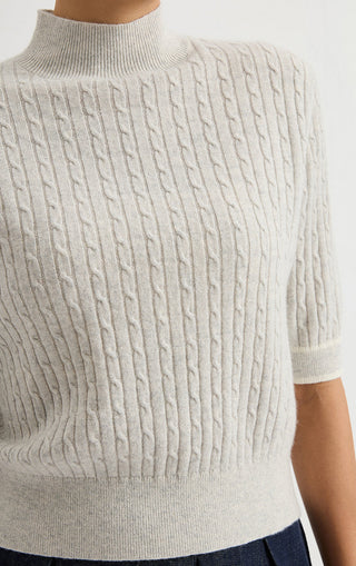 Cashmere Short-Sleeve Cable-Knit Mock-Neck Sweater