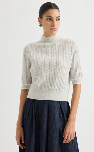 Cashmere Short-Sleeve Cable-Knit Mock-Neck Sweater