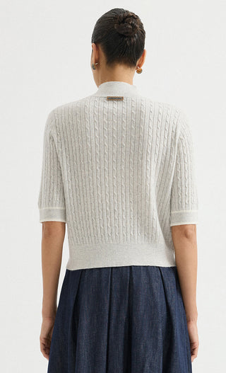Cashmere Short-Sleeve Cable-Knit Mock-Neck Sweater