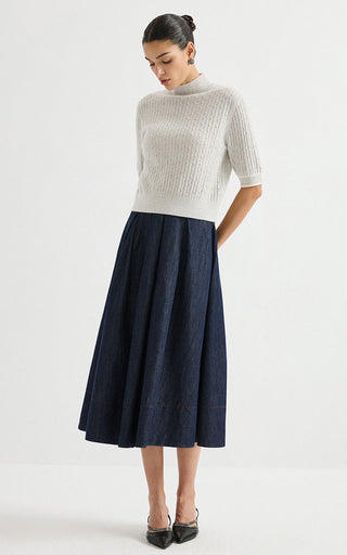 Cashmere Short-Sleeve Cable-Knit Mock-Neck Sweater