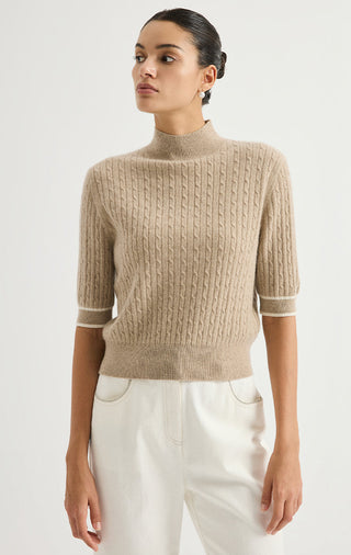 Cashmere Short-Sleeve Cable-Knit Mock-Neck Sweater