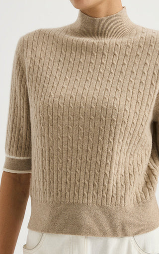 Cashmere Short-Sleeve Cable-Knit Mock-Neck Sweater