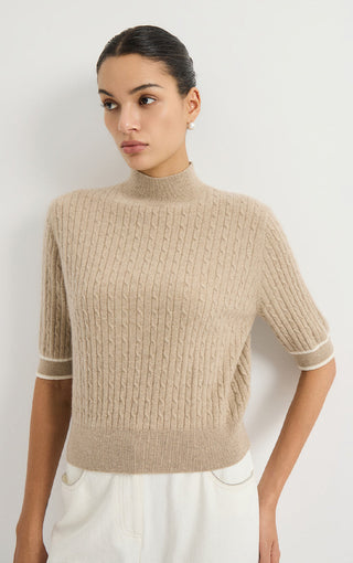 Cashmere Short-Sleeve Cable-Knit Mock-Neck Sweater
