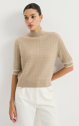 Cashmere Short-Sleeve Cable-Knit Mock-Neck Sweater