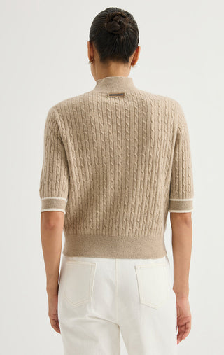 Cashmere Short-Sleeve Cable-Knit Mock-Neck Sweater