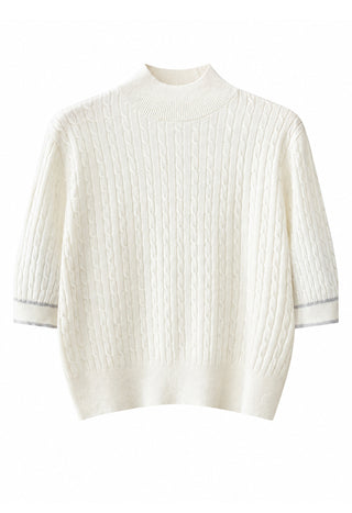 Cashmere cable-knit mock-neck sweater with short sleeves, light cream, ribbed cuffs