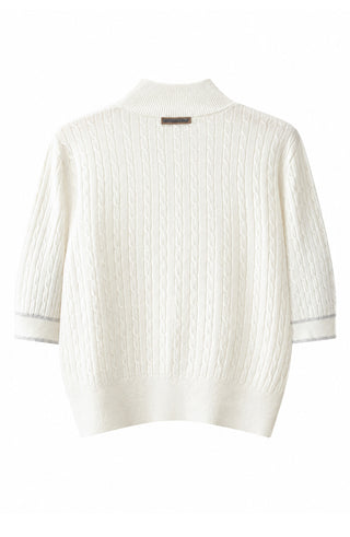 Cashmere short-sleeve cable-knit mock-neck sweater, light cream, ribbed hem