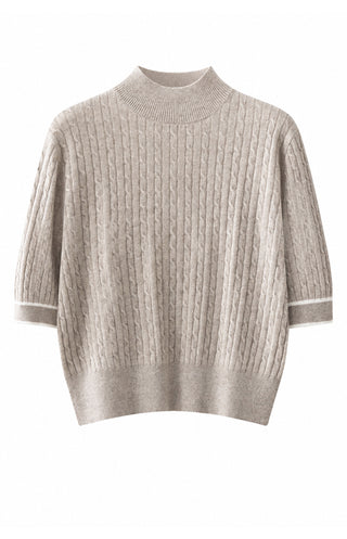 Beige cashmere short-sleeve mock-neck cable-knit sweater with ribbed cuffs and hem