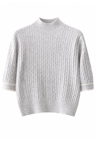 Light grey cashmere short-sleeve mock-neck cable-knit sweater, ribbed cuffs and hem