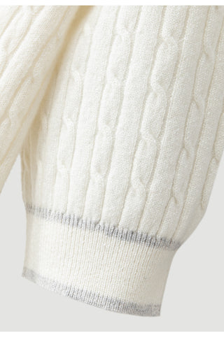 Cream cashmere short-sleeve cable-knit mock-neck sweater with ribbed hem and cuffs