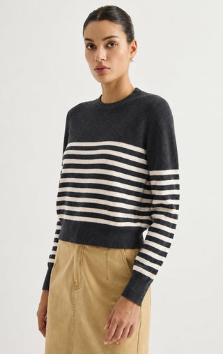 Wool Striped Crewneck Sweater – Graphite Grey – side model view