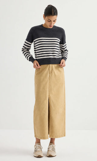 Wool Striped Crewneck Sweater – Graphite Grey – full-length model view